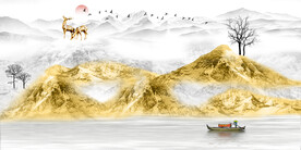 装饰画 山水石头麋鹿