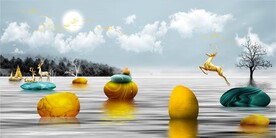 装饰画 山水石头麋鹿