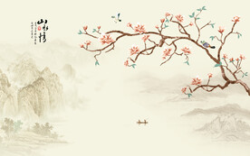 中式工笔花鸟山水背景墙