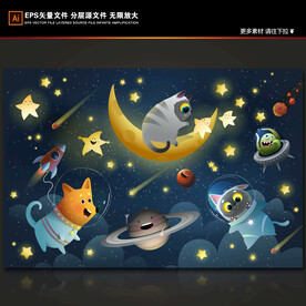 卡通太空月亮星星猫咪星球背景墙
