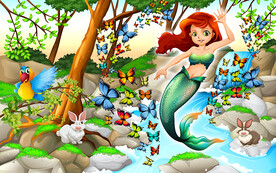 蝴蝶飞舞美人鱼儿童房背景墙