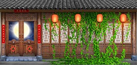 中式古建筑酒楼背景墙壁画