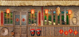 复古怀旧农家茅屋背景墙壁画