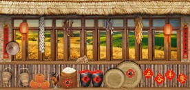 复古怀旧农家茅屋背景墙壁画