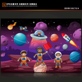卡通宇航员火箭飞碟太空星球背景