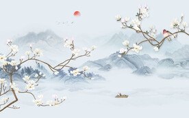 中式玉兰花鸟画背景墙