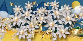 麋鹿立体珠宝花三联画