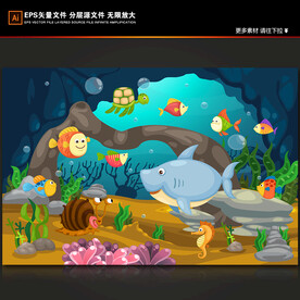 卡通鲨鱼海底世界热带鱼水下背景