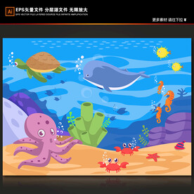 蓝色海洋世界卡通海豚海底背景墙