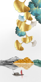 轻奢装饰画 杏叶 水墨山水画船