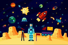 卡通手绘太空宇航员火箭星球背景