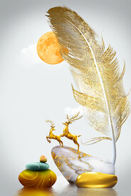 轻奢麋鹿羽毛抽象线条晶瓷画装饰