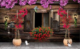 欧美田园风家居场景背景墙笔画