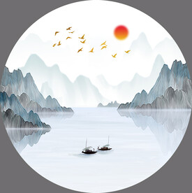 装饰画 水墨山水画 小船日出