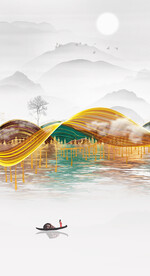 装饰画 新中式山水画 小船