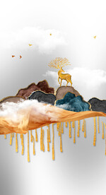 装饰画 新中式山水画 麋鹿