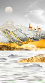 装饰画 新中式山水画 麋鹿