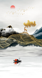 装饰画日出 水墨山水画 麋鹿