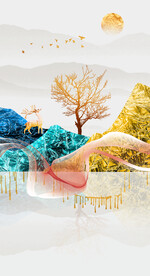 装饰画小船 新中式山水画 麋鹿