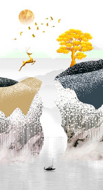 装饰画 新中式山水画 麋鹿