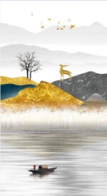 装饰画 新中式山水画 麋鹿