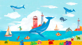 卡通沙滩海底世界鲸鱼背景墙