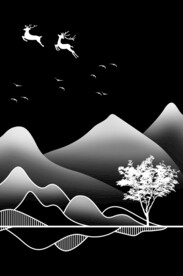 高清分层透明底白色山水打印图