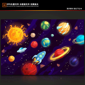 卡通火箭手绘宇宙星球太空背景墙