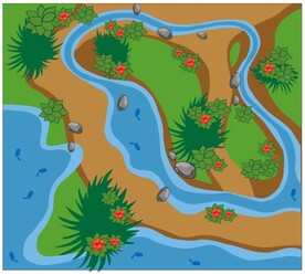 卡通小河石头小红花草地鱼