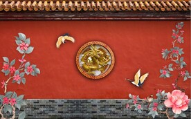 中式故宫红古建筑背景墙壁画