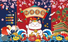 国潮樱花招财猫工装背景墙图片