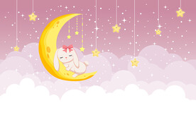 可爱兔子月亮粉色儿童房背景墙