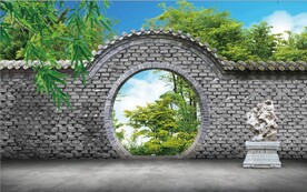 3D中式月亮门建筑背景墙