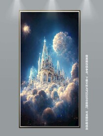 梦幻蓝色城堡白色玫瑰装饰画