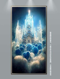 梦幻蓝色城堡白色玫瑰装饰画