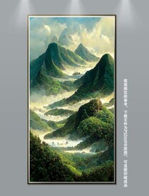 现代手绘绿色风景靠山玄关装饰画