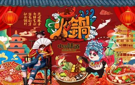 国潮熊猫火锅背景墙图片