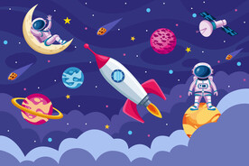 卡通外太空星球宇航员火箭背景墙