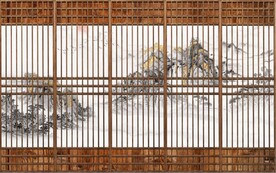 中式木窗格金色山水背景墙壁画