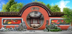 中式月亮门园林背景墙壁画