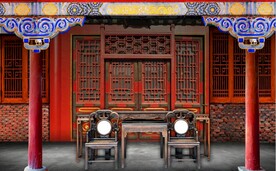 复古中式古建筑场景背景墙