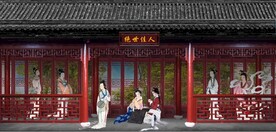 绝世佳人中式建筑背景墙