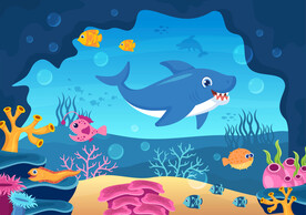 卡通海底洞穴鲨鱼珊瑚热带鱼背景