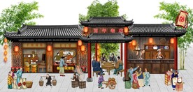 古代市井酒楼背景墙壁画