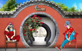 中式月亮门建筑背景墙壁画