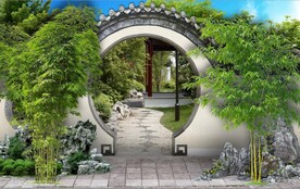 中式月亮门园林背景墙壁画