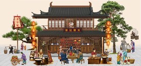 古代市井集市饭馆背景墙壁画