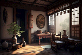 汉朝房间手绘场景插画