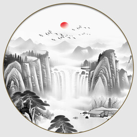 水墨圆形山水画