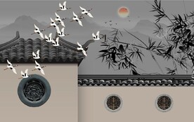 江南竹林马头墙民居背景墙壁纸